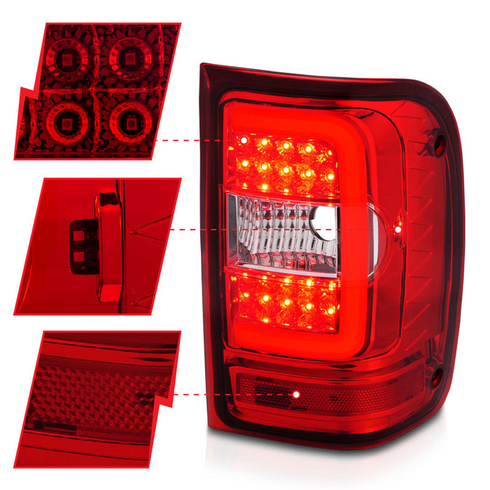 ANZO 2001-2011 Ford  Ranger LED Tail Lights w/ Light Bar Chrome Housing Red/Clear Lens