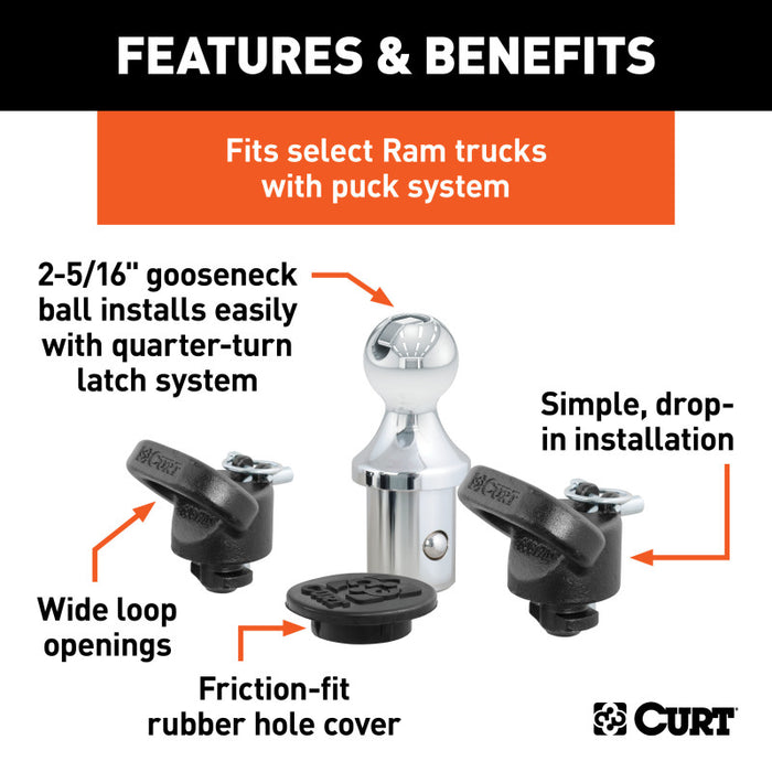Curt OEM Puck System 2-5/16in Gooseneck Ball & Safety Chain Anchor Kit for Ram