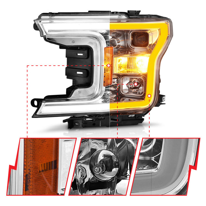 ANZO 2018-2020 Ford F-150 Projector Headlight w/Plank Style Switchback Chrome Housing